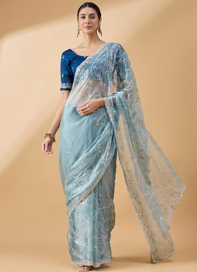 Organza Sky Blue Festival Wear Embroidery Work Saree